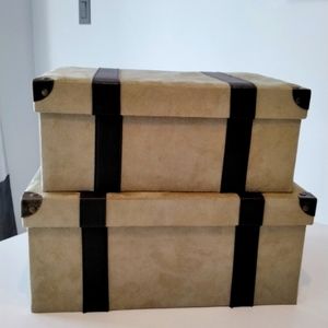 Suede storage boxes with faux leather strapping